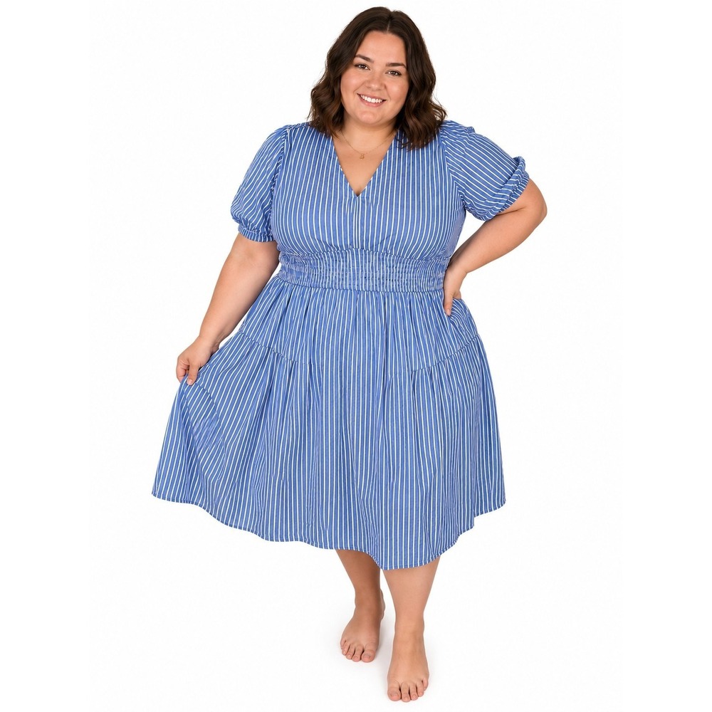 Blue White Striped Dress Plus Size 2X Puff Sleeve Smocked V-Neck Casual Midi